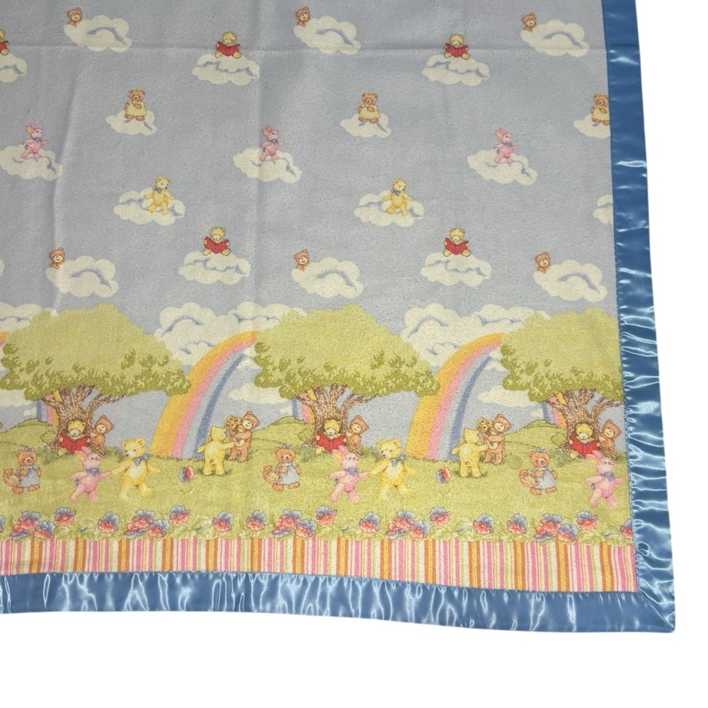 Vintage Rainbow Bear Baby Blanket Quilt Handmade Satin Trim 60x40 Clouds Spring - Picture 3 of 7